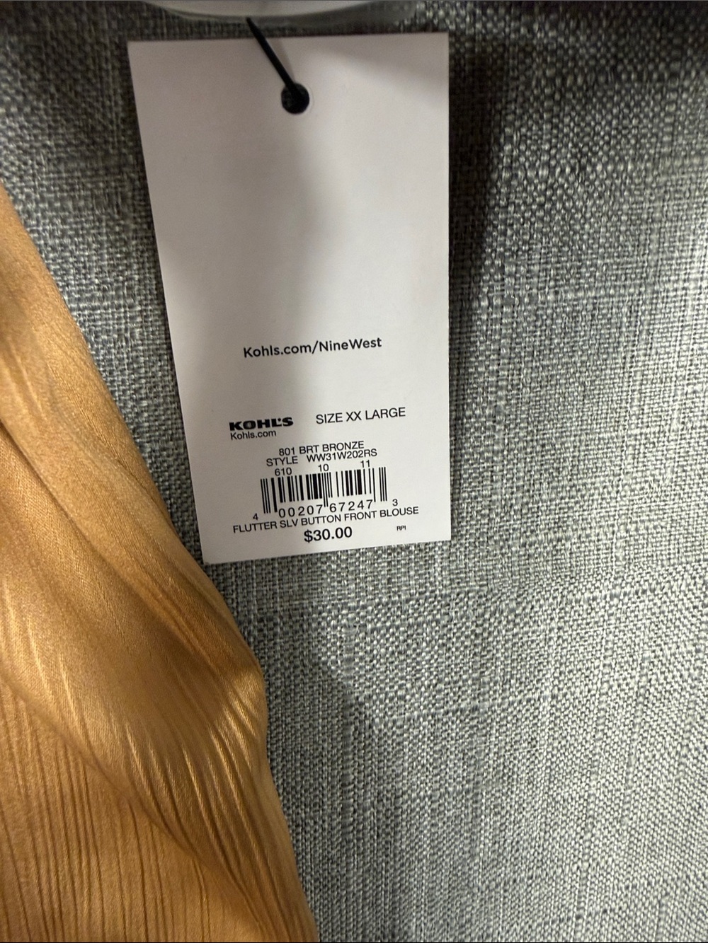 Nine West Mustard Satin Ruffle Sleeve Button-Front Top - Picture 4 of 5